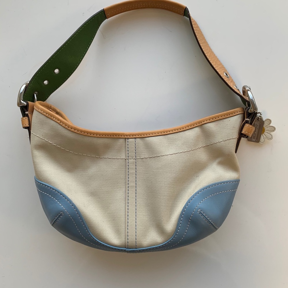 Vintage Coach White and Blue Fabric Leather Hobo